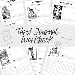 Hojas de trabajo imprimibles de las cartas del Tarot, 78 fichas de trucos de la baraja clásica del Tarot. Ideales para llevar un diario de adivinación y aprender significados. En blanco y negro.
