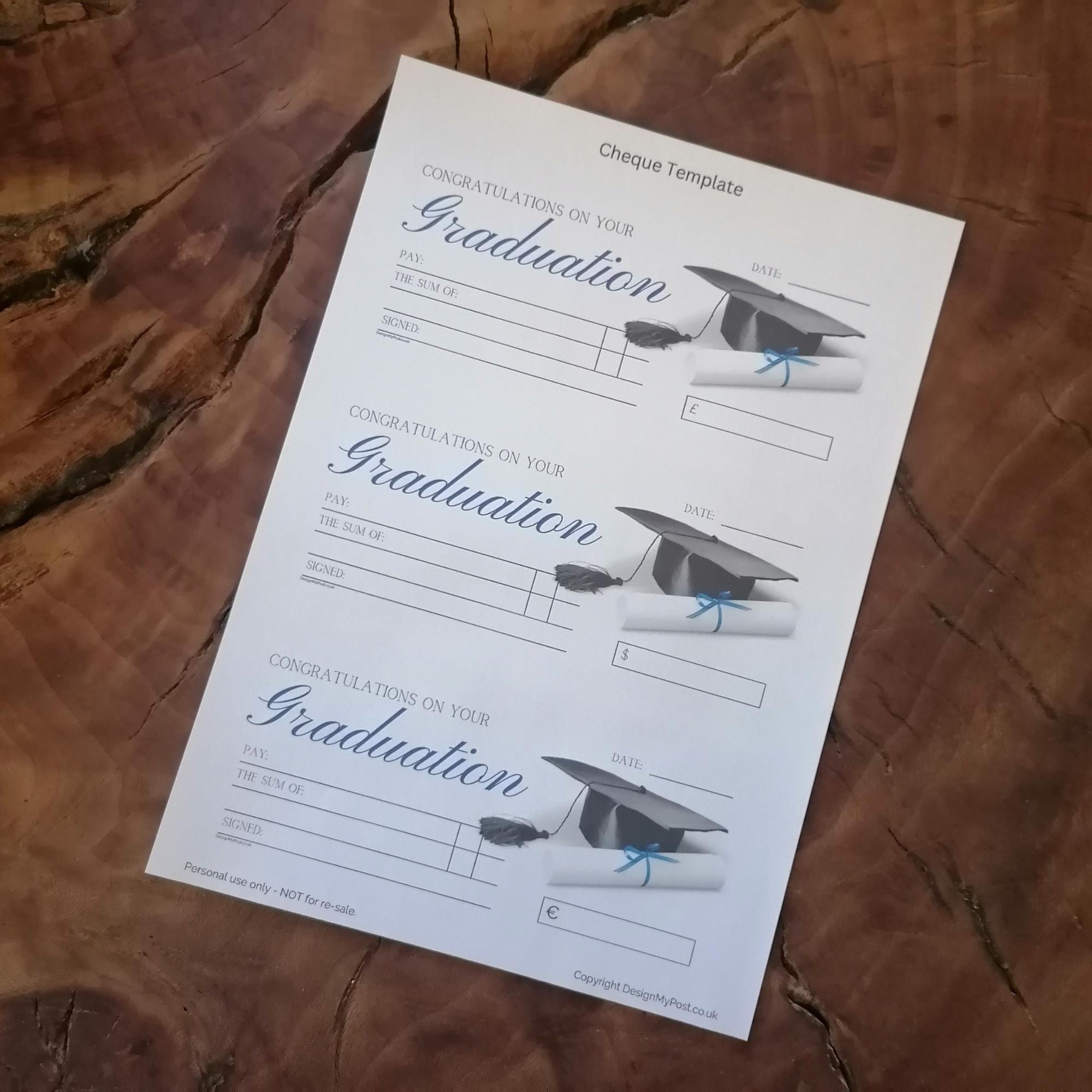 Graduation Cheque in Blue. Printable Gifting Blank Check. Euros, Pounds ...