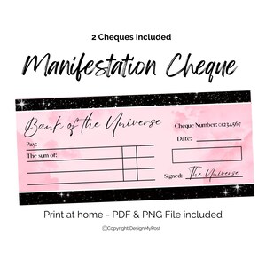 Pink and Black Manifestation Cheques x 2 Law of attraction blank printable check Manifest abundance into your life Instant digital download