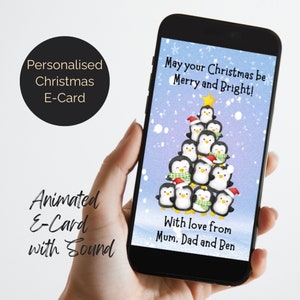 Gepersonaliseerde digitale kerstkaart met dansende pinguïns. Kerstwenskaart geanimeerd met geluid, e-mailtekst WhatsApp. Voor jou bewerkt