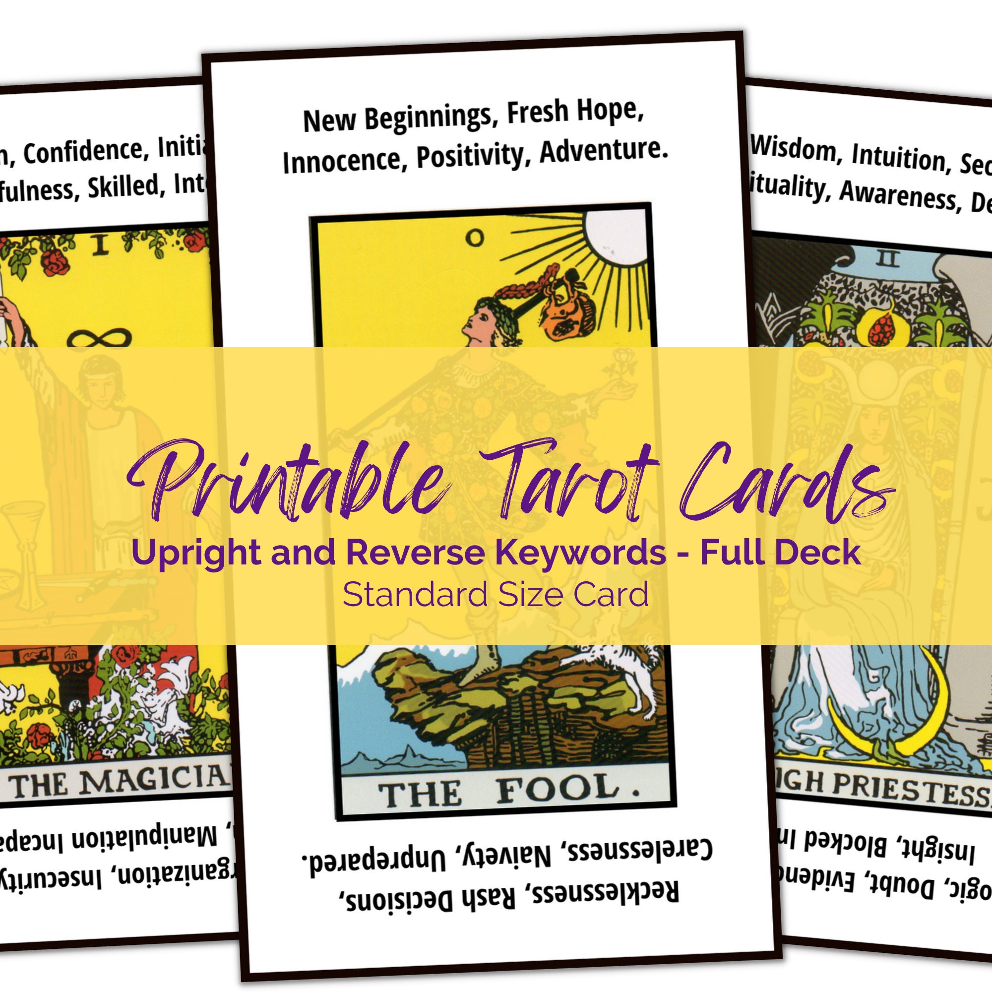 Tarot Card Deck with Keywords Meanings Ideal for Beginners learning Printable standard size in colour Great Tarot gift for beginners.
