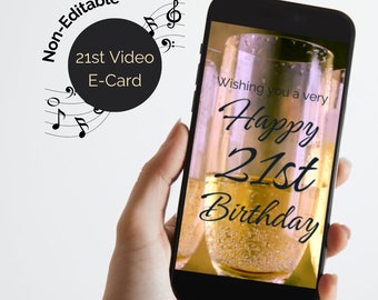 21st Birthday video eCard with sound. Video greeting card. Digitally send birthday greetings. Audio of champagne pouring. Non Editable.