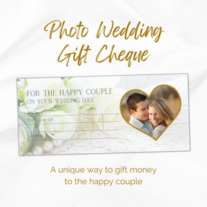 Foto Hochzeitsscheck. Einzigartiges Geschenk für Brautpaare. Ausdruckbare Hochzeits-Scheck als Geldgeschenk. Zuhause ausdrucken.