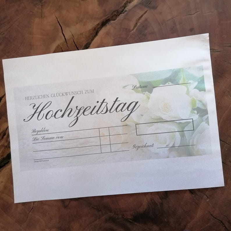 Hochzeitsgeschenk, Scheck hochzeit Blankoschek deutsch. Stor utskrivbar bröllopscheck, en falsk presentcheck. På tyska. bild 2