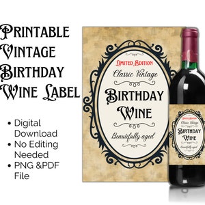 Birthday Wine Label Printable Fun novelty gift Vintage Design Great last minute present PNG & PDF file Digital download Print at home.