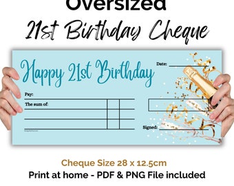 Big Cheque for 21st Birthday in light blue. Gifting blank cheque template. Oversized cheque. Print at home money present. Digital Download.