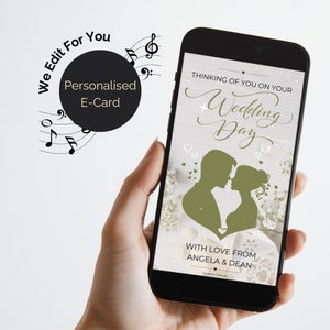 オーディオ付きのウェディング グリーティング カード。セージ グリーンのデジタル電子アニメーション e カード。結婚式の日にあなたを想っています。デジタル カード。