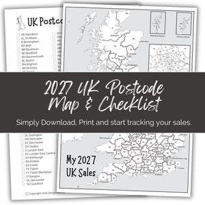 Puede incluir: Un documento de mapa y lista de verificación de códigos postales del Reino Unido 2027 con una lista de códigos, un mapa de Escocia y un mapa de Inglaterra y Gales con el texto My 2027 UK Sales. El documento incluye casillas de verificación.