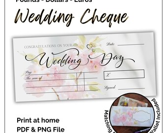 Leerer druckbarer Scheck für Brautpaare. Geld verschenken Scheck. Print at Home Gutschein Hochzeit Vorlage mit rosa Blüten Design.