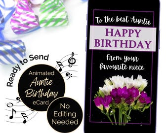 Animated Birthday E-Card for Aunt. Happy Birthday Song (Digital Download)