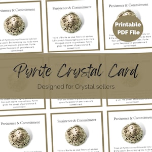 Tarjetas de inserción de cristales de pirita para imprimir para vendedores de cristales y fabricantes de joyas. Archivo PDF Insertos de empaquetado, significados de las propiedades de las piedras preciosas