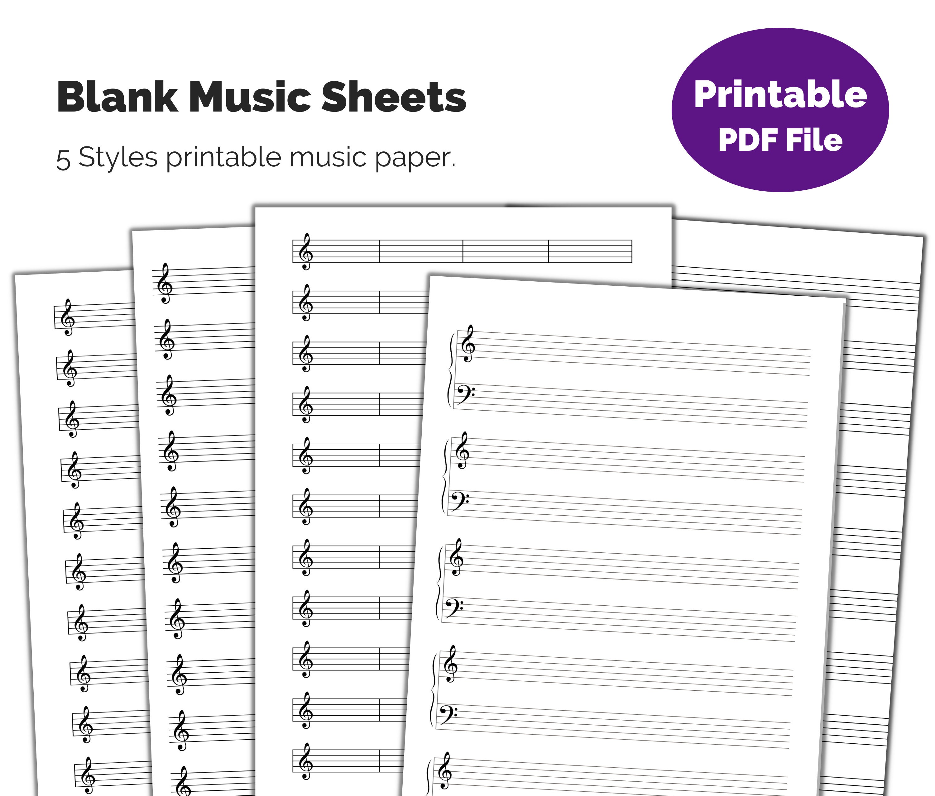Printable Blank Music Sheets. 5 Page Downloadable Manuscript - Etsy