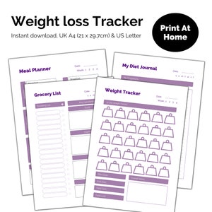 May include: Printable weight loss tracker with sections for meal planning, grocery lists, a diet journal, and a 30-day weight tracker. The tracker is designed for UK A4 (21 x 29.7 cm) and US Letter paper sizes.