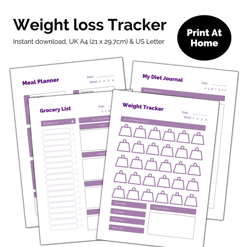 May include: Printable weight loss tracker with sections for meal planning, grocery lists, a diet journal, and a 30-day weight tracker. The tracker is designed for UK A4 (21 x 29.7 cm) and US Letter paper sizes.
