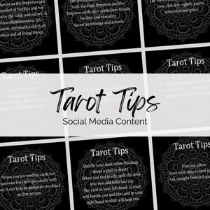 May include: Tarot Tips social media content with black and white mandala designs. The text on the cards reads: "Tarot Tips", "Arcana is a Latin word meaning secret", "These cards provide us with the power to unlock our secrets", "When you are reading cards for someone that isn't physically with you, it can help to designate an object as that person", "Shuffle your deck while thinking about a goal or desire. When you feel ready, split the deck into two and hold face up. The card in your left hand, is what will hinder you and the card in your right hand is what will help you", "Practice often. Start with simple card spreads. Ask straight forward questions."