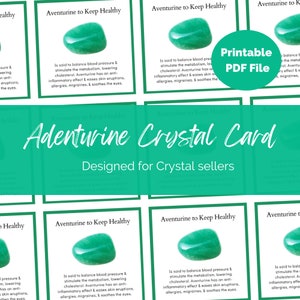 Aventurine Crystal information card for Crystal Sellers, Jewellery makers. Printable A4 UK PDF file Packing Inserts, Gemstone meanings.