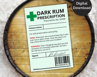 Dark Rum Prescription Label. Printable novelty gift for Rum drinker. Funny gift. Digital download, PNG PDF, Print at home, Non-Editable.