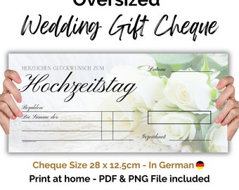 Hochzeitsgeschenk, Scheck hochzeit Blankoschek deutsch. Large printable wedding cheque, gifting fake cheque. In German.