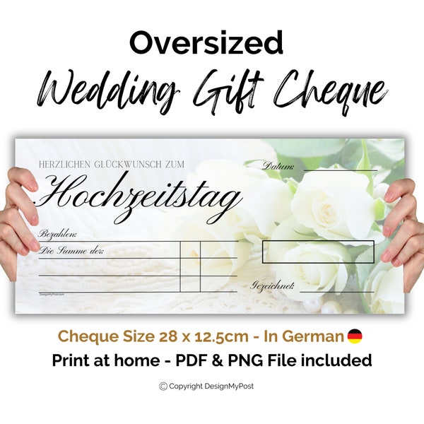 Hochzeitsgeschenk, Scheck hochzeit Blankoschek deutsch. Large printable wedding cheque, gifting fake cheque. In German.