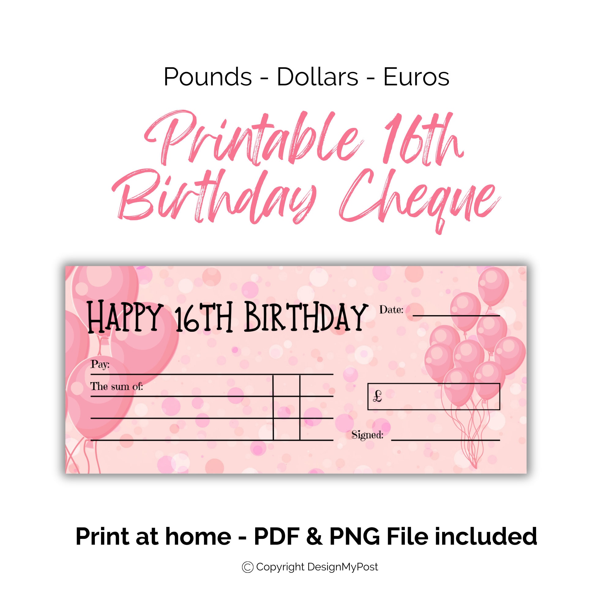 Pink Blank Cheque for Girls 16th Birthday. Fun Money Gift for Sixteenth ...