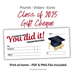 Assegno di laurea per la classe del 2025. Assegno in bianco stampabile. Euro, sterline e dollari. Congratulazioni per aver superato gli esami. Regalo in denaro.