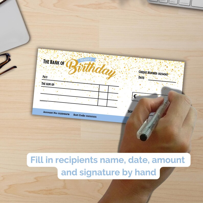 Blue Printable Birthday Cheque. Gift Cheque Template in Euros, Pounds ...