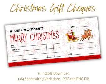 Cheque navideño en blanco, giro bancario. Cheque/cheque de regalo navideño descargable e imprimible. Una idea divertida para regalar dinero en Navidad.