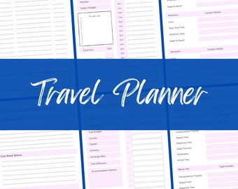 Travel Planner, Printable vacation organiser, Holiday itinerary, Packing list, Trip planner. Downloadable template.