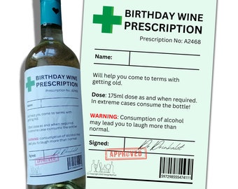 Birthday Wine Prescription Label. Printable novelty gift. Funny gift. Digital download, PNG & PDF file, Print at home, Non-Editable.