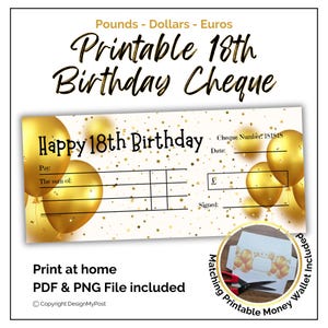 Ausdruckbare Cheque zum 18.Geburtstag. Blankoscheck für einen Achtzehnjährigen. Print at home, Geldgeschenk-Gutschein mit passendem Umschlag/Geldbörse.