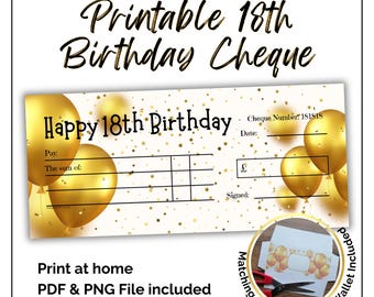 Printable 18th Birthday Cheque. Blank check for a eighteen year old. Print at home, Money gift voucher with matching envelop/wallet.