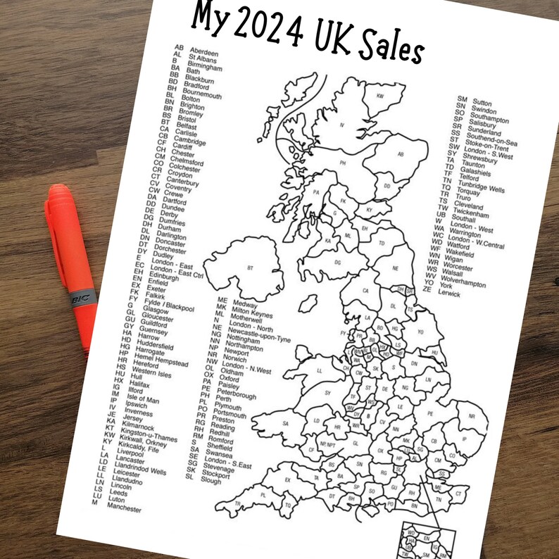 2024 UK Sales Postcode Map. Printable Etsy Sales Tracker. A4 Etsy