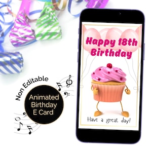 18.Geburtstag E-Card animiert mit Sound, Happy Birthday Melodie Tanzender Kuchen, Virtuelle digitale Karte für Mann oder Frau Video Greeting eCard