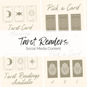Könnte beinhalten: Ein digitales Bild mit einem Tarotkarten-Lesethema. Das Bild zeigt drei Tarotkarten mit Illustrationen von Mond, Hohepriesterin und Sonne. Der Text "Tarot Card Meanings" wird in großer Schrift angezeigt. Unter dem Text werden die Wörter "Tarot Readers" in großer Schrift angezeigt. Der Text "Social Media Content" wird in kleinerer Schrift angezeigt. Das Bild zeigt auch drei Tarotkarten mit Illustrationen von Mond, Sonne und Stern. Der Text "Tarot Readings Available" wird in großer Schrift angezeigt. Das Bild zeigt auch drei Karten mit Illustrationen der Hamsa-Hand. Der Text "Pick a Card" wird in großer Schrift angezeigt.