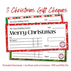 Kerstcadeau, 3 feestelijke blanco cheques. Downloadbare afdrukbare kerstcadeaucheque/-cheque. Leuk cadeau-idee voor kerstgeld