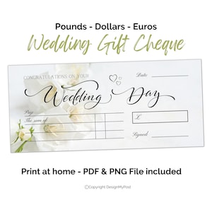Blanko Scheck für Brautpaare Geldgeschenk für Brautpaare zur Hochzeit Geld verschenken. Print at home Gutschein Vorlage mit weißen Blumen Design.