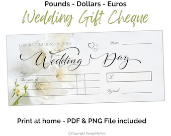 Blank Cheque Gift for newly weds Printable wedding money gifting fake cheque. Print at home voucher template with white flower design.