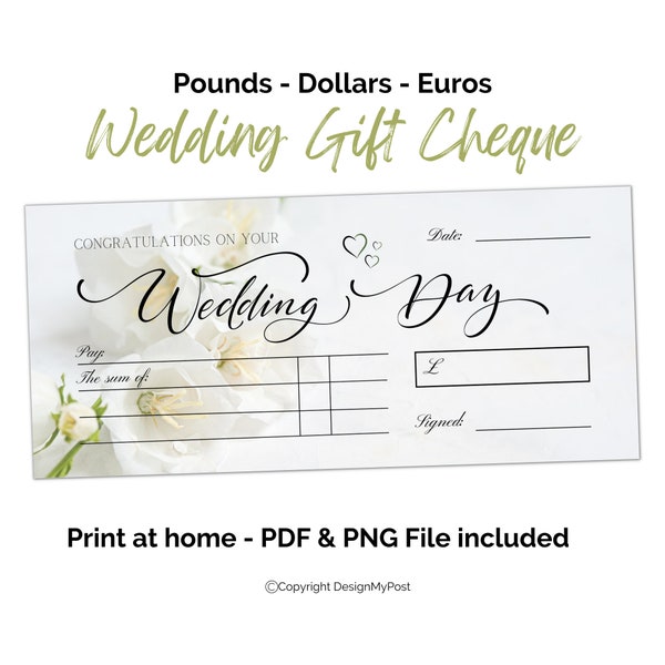 Blank Cheque Gift for newly weds Printable wedding money gifting fake cheque. Print at home voucher template with white flower design.
