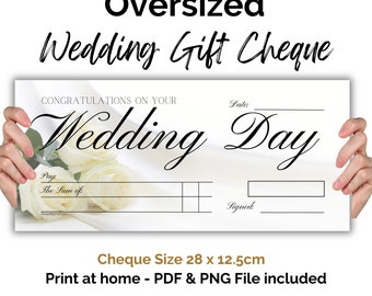 Large Blank Cheque Gift for newly weds Printable big wedding money gifting fake cheque. Print at home voucher with white flower design.