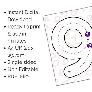 May include: A digital educational worksheet featuring a large outline of the number nine with directional arrows and numbered purple circles indicating stroke order. The text lists: Instant Digital Download, Ready to print & use in minutes, A4 UK (21 x 29.7cm), Single sided, Non Editable, PDF File.