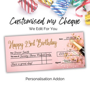 May include: A pink and gold printable birthday cheque template with the text "Happy 23rd Birthday". The template includes fields for the payee, amount, date, and signature. The template is decorated with gold confetti and a bottle of champagne.