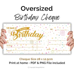 Grote verjaardagscheque. Sjabloon voor blanco cheques schenken. Afdrukbare extra grote cheque. Thuis printen geld aanwezig. Digitale download.