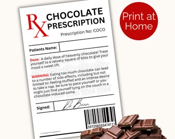 RX Chocolate Prescription Label. Printable novelty gift. Chocaholic gift for children and adults. Digital download, PNG & PDF file.