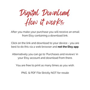 May include: Red text on a white background explains how to download digital files purchased on Etsy. The text says "Digital Download How it works" and explains that after purchase, a download link will be sent via email. It also explains that the download link can be accessed via a web browser, but not the Etsy app. The text also says that the files can be printed as many times as desired. The text ends with "PNG & PDF File Strictly NOT for resale."