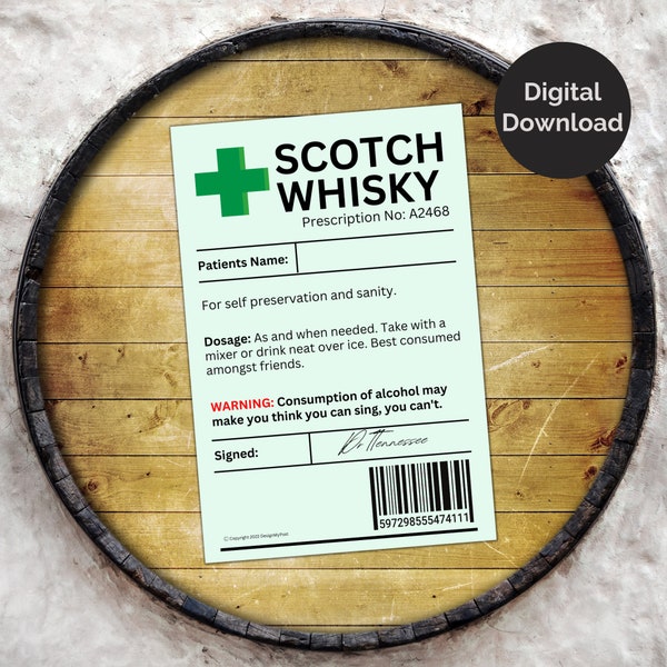 Scotch Whisky Prescription Label Printable novelty gift Funny gift for whiskey lovers. Digital download, Print at home, Non-Editable.