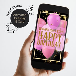 E Geburtstagskarte animiert mit Sound, Happy Birthday Melodie und Begrüßung. Per E-Mail senden Text WhatsApp Pink Gold und Schwarz Design, nicht bearbeitbar.