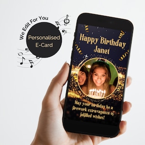 Gepersonaliseerde videokaart met verjaardagsfoto. Geanimeerde groeten in zwart en goud. Stuur een WhatsApp-bericht per e-mail. Voor jou bewerkt.