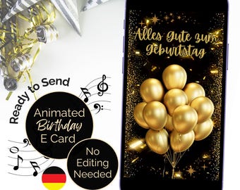 Alles Gute zum. Geburtstag als E-Card. Schwarz und Gold. Digital Birthday eCard in German. Animated with audio. Video Birthday card.