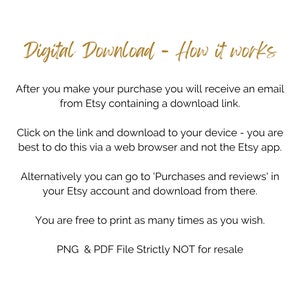 May include: Text explaining how to download a digital purchase from Etsy. The text says to download the file from an email link or from the Purchases and Reviews section of your Etsy account. The text also says that the file can be printed as many times as you wish and that the PNG and PDF files are strictly not for resale.
