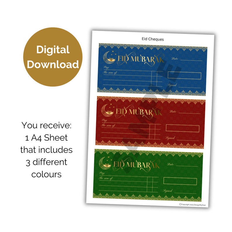 May include: Printable Eid Mubarak gift cheque template with three different colored backgrounds: blue, red, and green. The template features a crescent moon and star design with the text "Eid Mubarak" in gold lettering.
